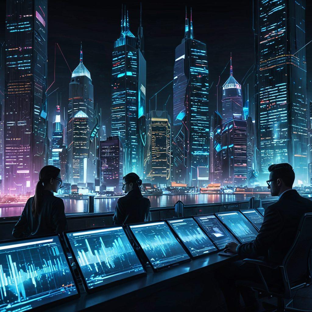 A sleek, futuristic cityscape at night, with towering skyscrapers made of digital data streams and binary code, representing the digital realm. In the foreground, a business team works collaboratively, with holographic displays showing websites, analytics, and social media metrics. The vibe is high-tech and dynamic, symbolizing advanced web solutions driving online presence. cyberpunk. vibrant colors. super-realistic.