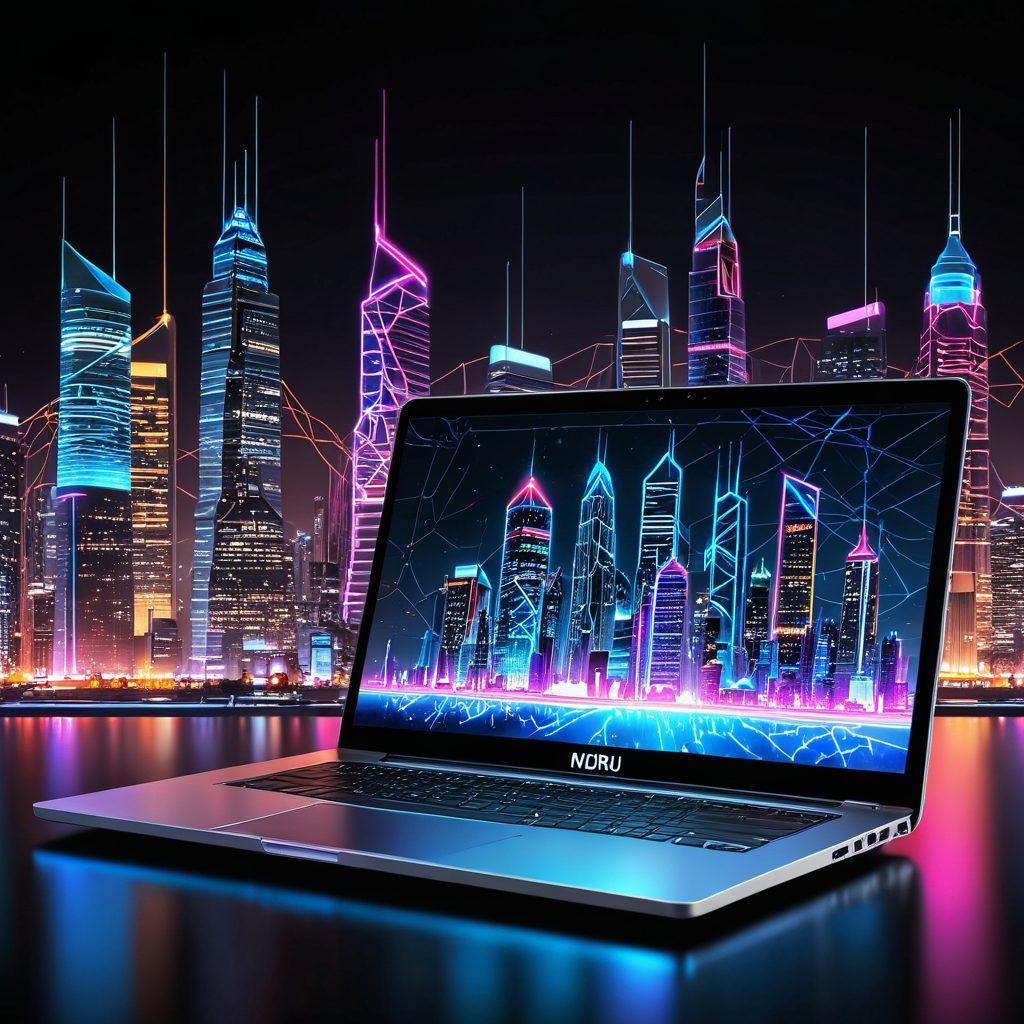 A futuristic cityscape with towering skyscrapers connected by glowing neon circuits, symbolizing digital transformation. In the foreground, a sleek, modern laptop displaying complex data analytics and Niburu's logo. The background features a vast network of interconnected devices, representing web services. super-realistic. vibrant colors. white background.