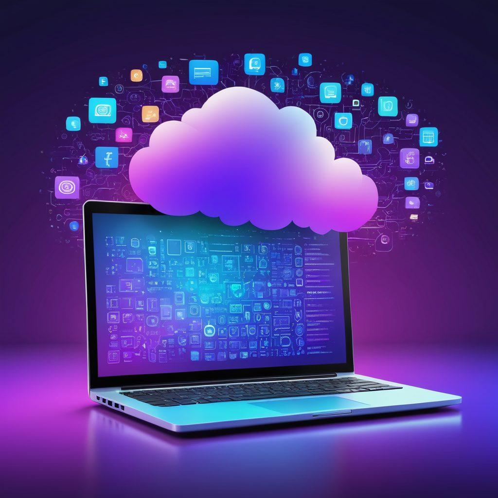 A dynamic scene featuring a sleek laptop with a code editor open, transforming into a digital cloud filled with various tech icons like servers, databases, and analytics graphs. The background should be a gradient blend of blue and purple symbolizing digital transformation. Vector art. Vibrant colors.